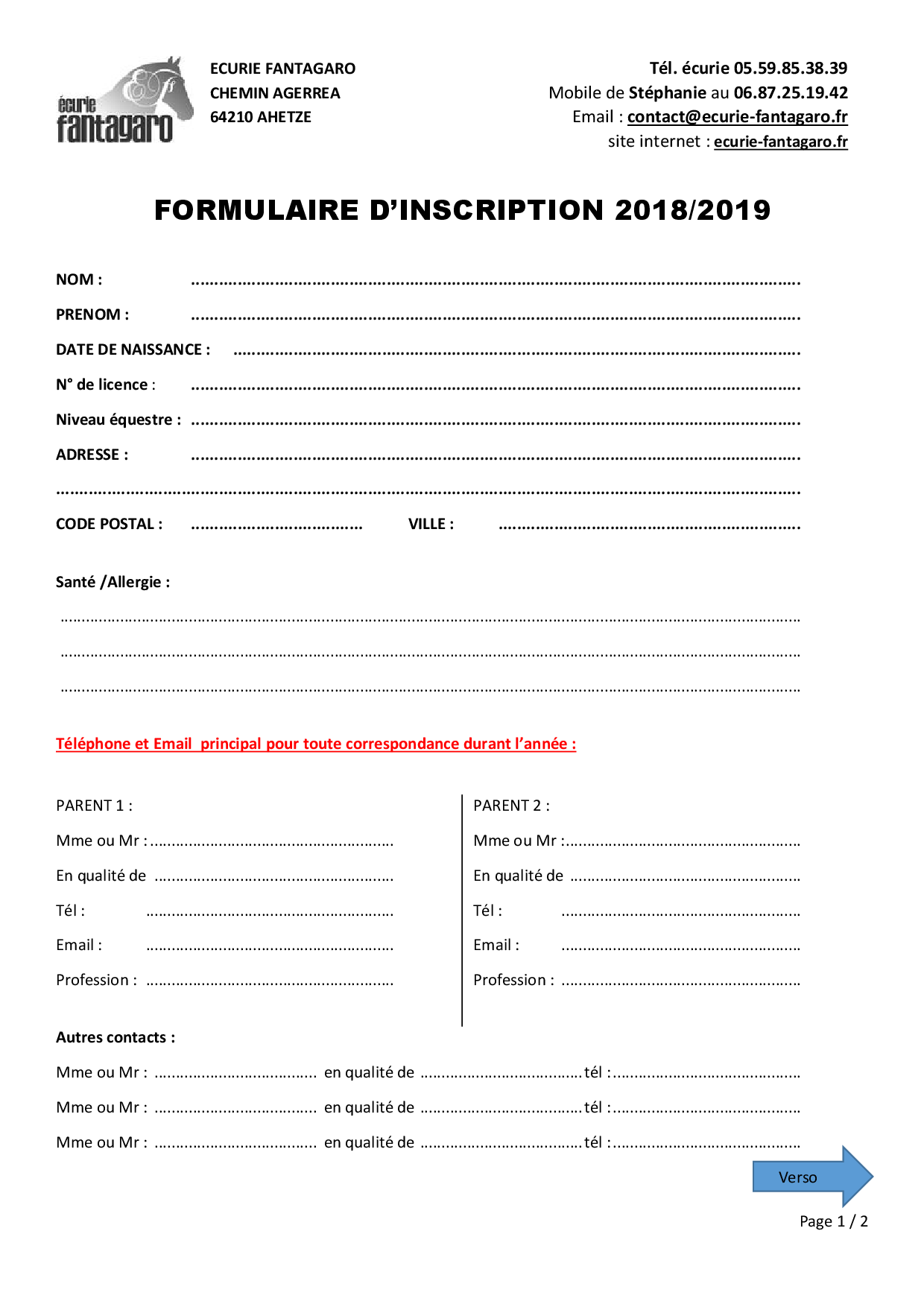 formulaire d'inscription 2018 - 2019 - PAGE 1